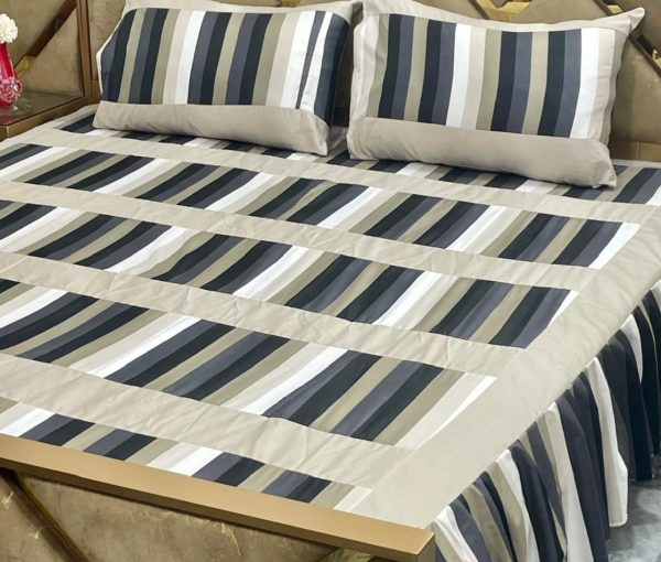 Luxury 3-Piece Frill Patchwork Double Bed Bedsheet Set – Soft Cotton Blend, Multicolor, with 2 Pillow Covers & Elegant Frilled Edges