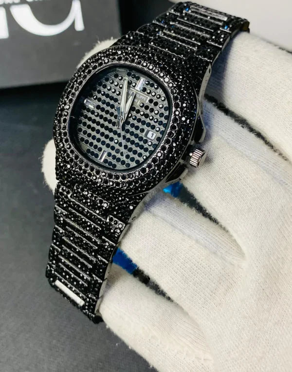 Blacked Iced-Out Stainless Steel Chain Watch for Men – Fashionable Black Stone Design (Without Box)