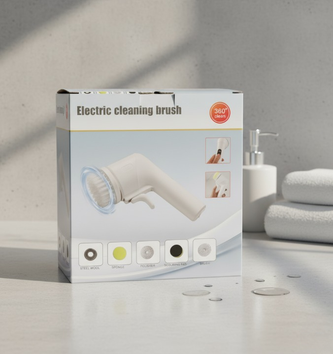 Electric Cleaning Brush – 360° Rotating Scrubber with Multiple Attachments for Efficient Home Cleaning (Sponge, Brush & Steel Wool Heads)