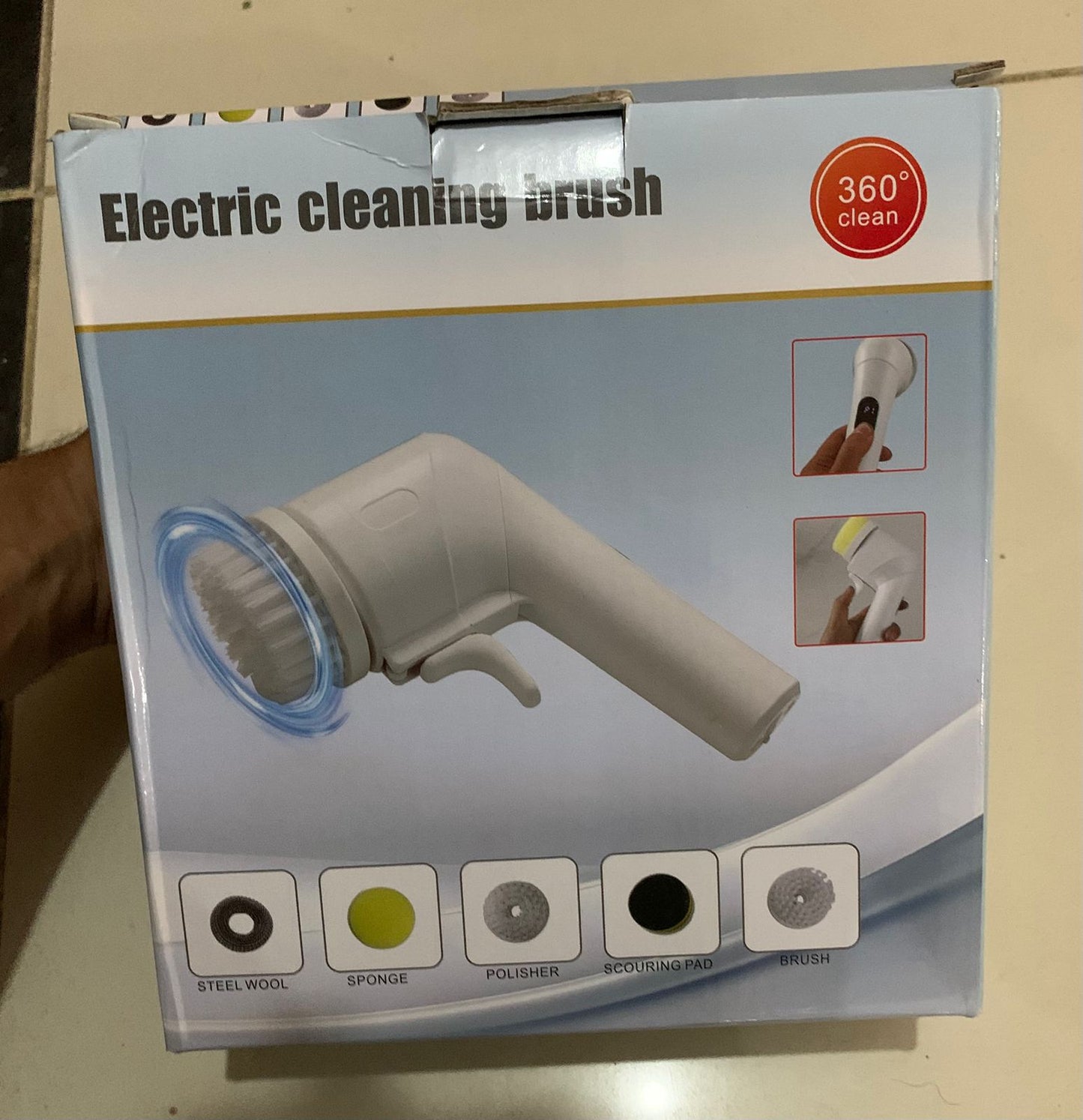 Electric Cleaning Brush – 360° Rotating Scrubber with Multiple Attachments for Efficient Home Cleaning (Sponge, Brush & Steel Wool Heads)
