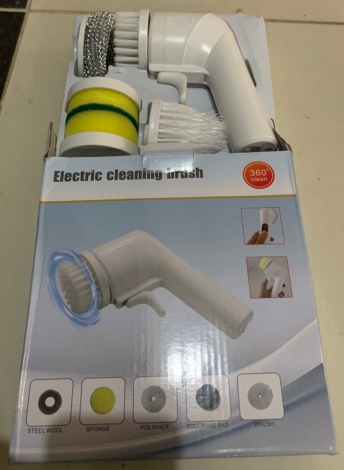 Electric Cleaning Brush – 360° Rotating Scrubber with Multiple Attachments for Efficient Home Cleaning (Sponge, Brush & Steel Wool Heads)
