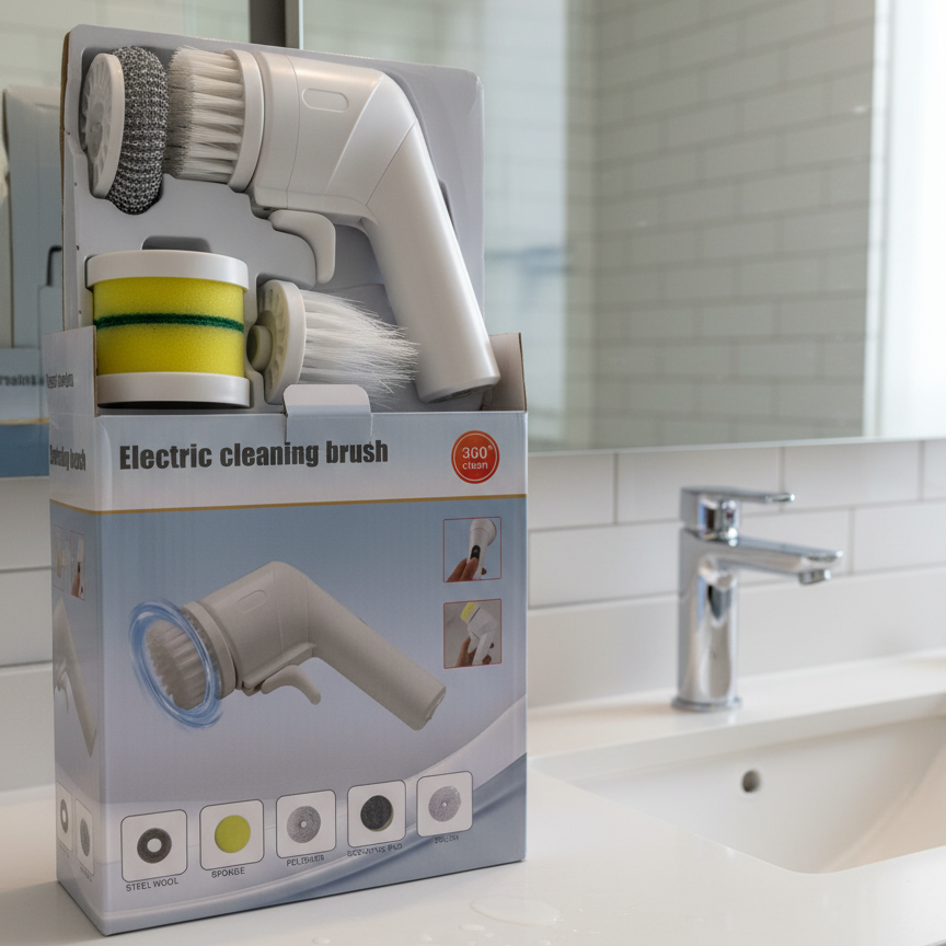 Electric Cleaning Brush – 360° Rotating Scrubber with Multiple Attachments for Efficient Home Cleaning (Sponge, Brush & Steel Wool Heads)