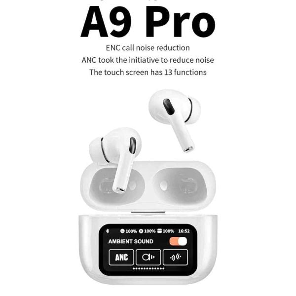 A9 Pro Wireless Earbuds – ANC/ENC, Dual Dark Touch Display, Noise Reduction for Android & iOS