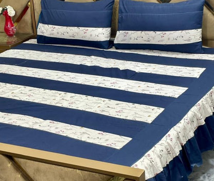 Luxury 3-Piece Frill Patchwork Double Bed Bedsheet Set – Soft Cotton Blend, Multicolor, with 2 Pillow Covers & Elegant Frilled Edges