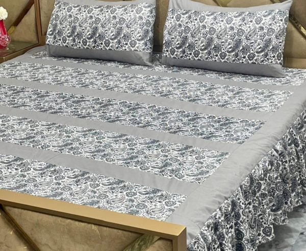 Luxury 3-Piece Frill Patchwork Double Bed Bedsheet Set – Soft Cotton Blend, Multicolor, with 2 Pillow Covers & Elegant Frilled Edges