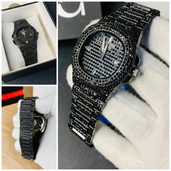Blacked Iced-Out Stainless Steel Chain Watch for Men – Fashionable Black Stone Design (Without Box)