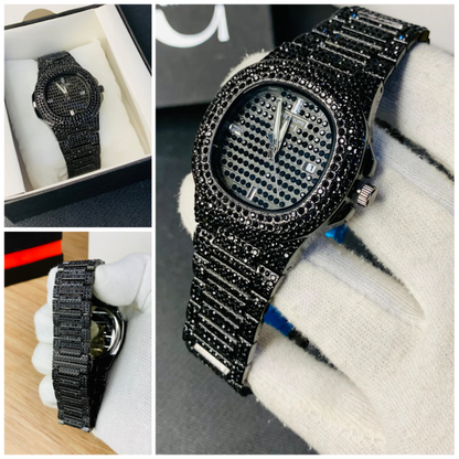 Blacked Iced-Out Stainless Steel Chain Watch for Men – Fashionable Black Stone Design (Without Box)