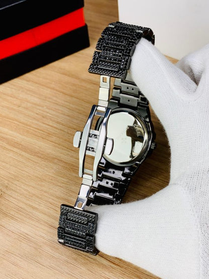 Blacked Iced-Out Stainless Steel Chain Watch for Men – Fashionable Black Stone Design (Without Box)