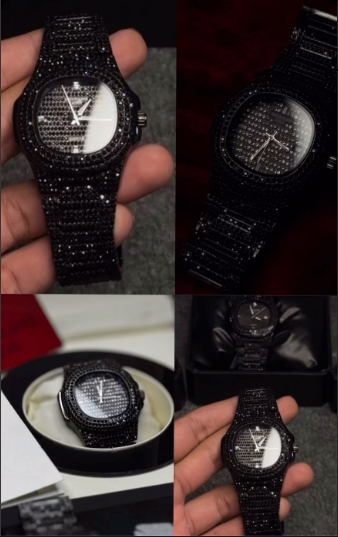 Blacked Iced-Out Stainless Steel Chain Watch for Men – Fashionable Black Stone Design (Without Box)
