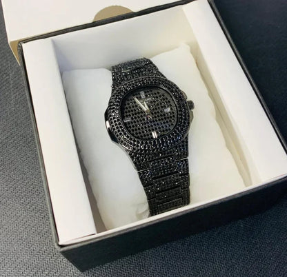 Blacked Iced-Out Stainless Steel Chain Watch for Men – Fashionable Black Stone Design (Without Box)