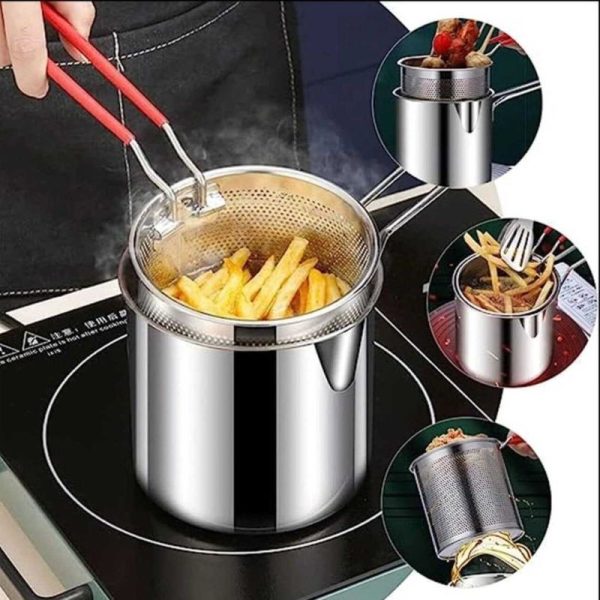 Stainless Steel Deep Fryer Pot with Strainer – Heavy-Duty Frying Pan for Home Kitchen (1200ml Oil Capacity)