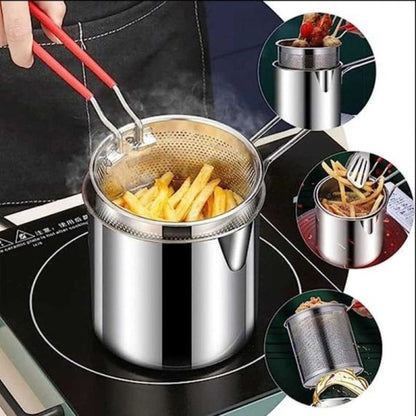 Stainless Steel Deep Fryer Pot with Strainer – Heavy-Duty Frying Pan for Home Kitchen (1200ml Oil Capacity)