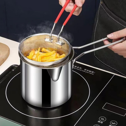 Stainless Steel Deep Fryer Pot with Strainer – Heavy-Duty Frying Pan for Home Kitchen (1200ml Oil Capacity)