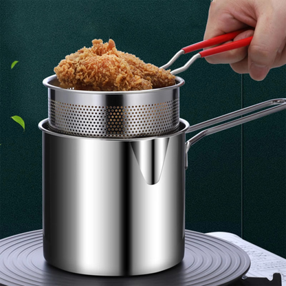 Stainless Steel Deep Fryer Pot with Strainer – Heavy-Duty Frying Pan for Home Kitchen (1200ml Oil Capacity)