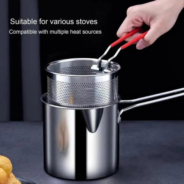 Stainless Steel Deep Fryer Pot with Strainer – Heavy-Duty Frying Pan for Home Kitchen (1200ml Oil Capacity)