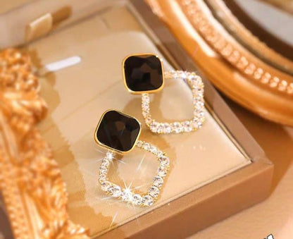 Korean Black Zircon Rhombus Earrings – Shiny Resin Fashion Jewelry for Women